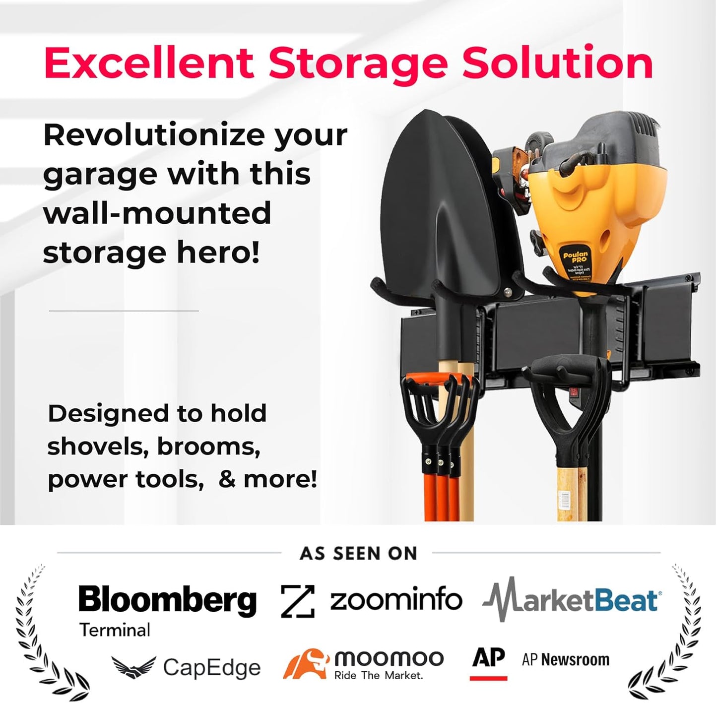 TIDYME Garage Wall Organizer - 64" Heavy-Duty Tool Storage Rack with Adjustable Hooks | 400 lbs Capacity