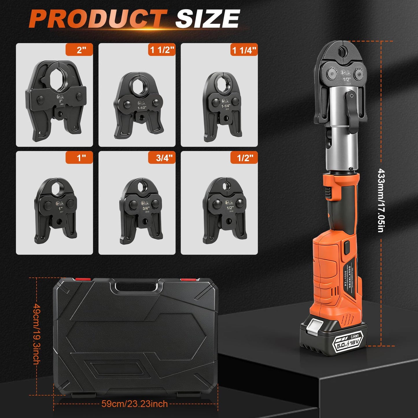 GEARLASSO 18V Brushless Copper Pipe Press Tool Kit for 1/2", 3/4", 1", 1-1/4", 1-1/2", 2", Electric Crimping Tool with 6 Jaws, 2-Pack 5.0Ah Batteries, OLED Display & Bluetooth