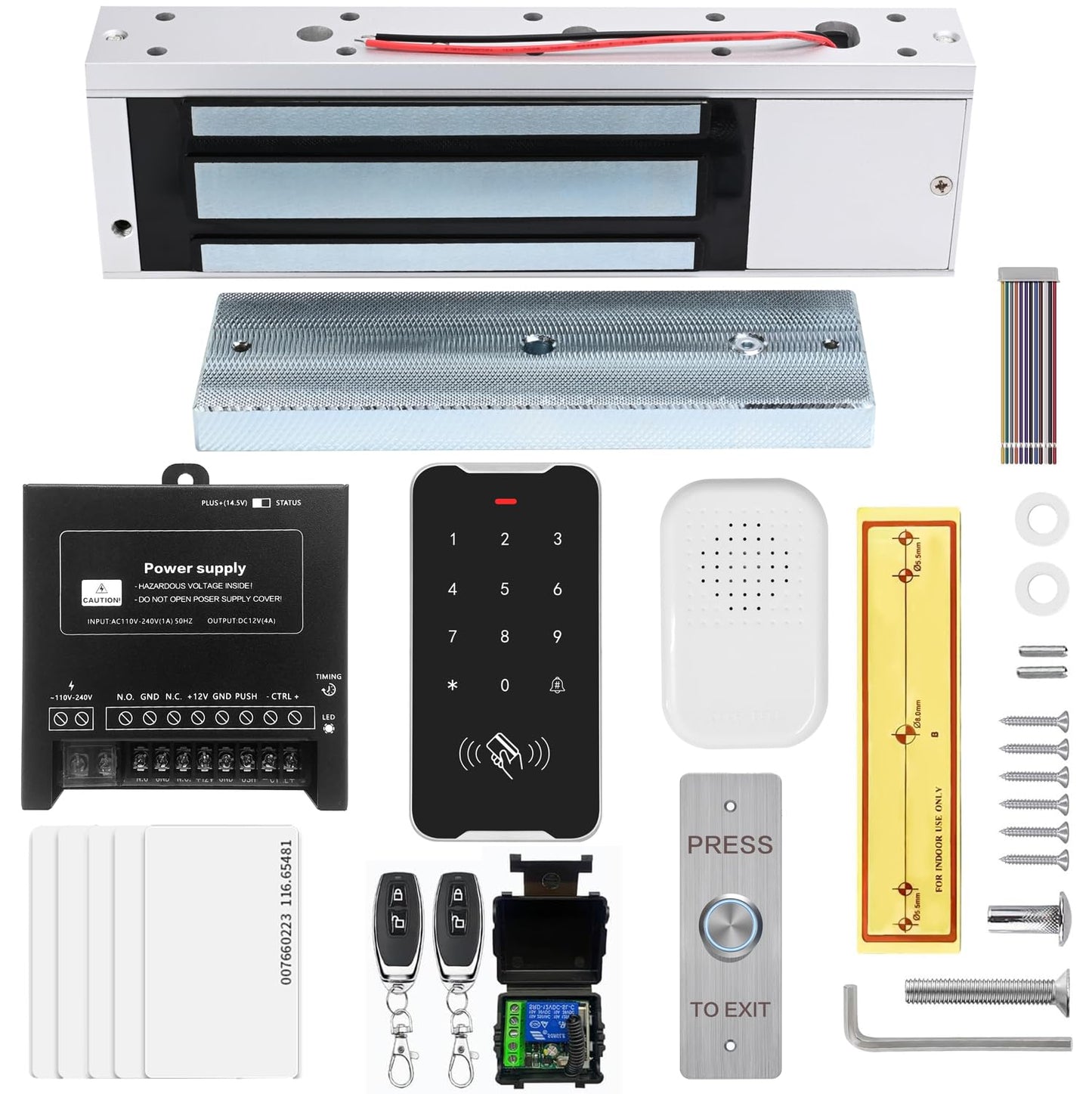 Door Access Control System Kit Set with 1200lbs Electric Magnetic Lock, RFID Keypad, Remotes,DC12V/5A Power Supply, Push to Exit Button, RFID EM ID Card (C60-1200LBS Access Control System Kits)