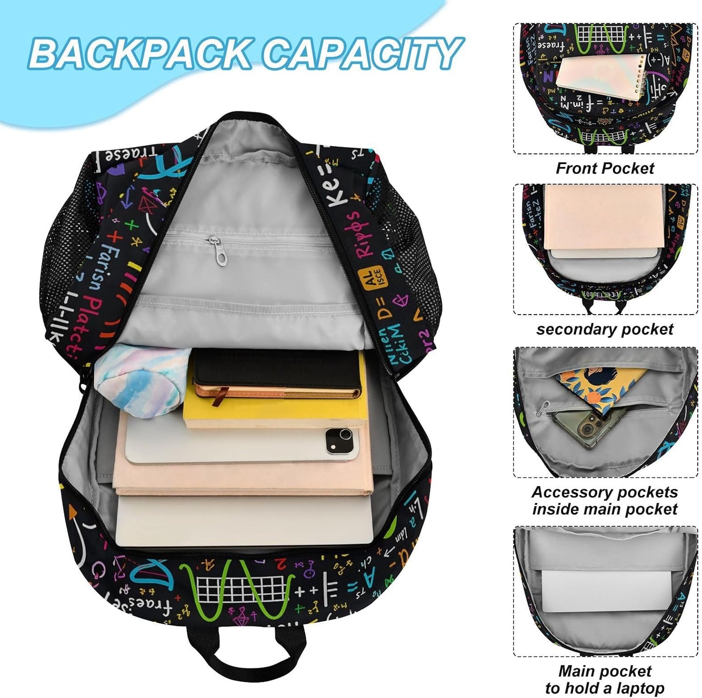 Backpack Set Pack ALAZA Colorful Math Science Geometric and Lunch Bag Back Bookbag Cooler Case Kits