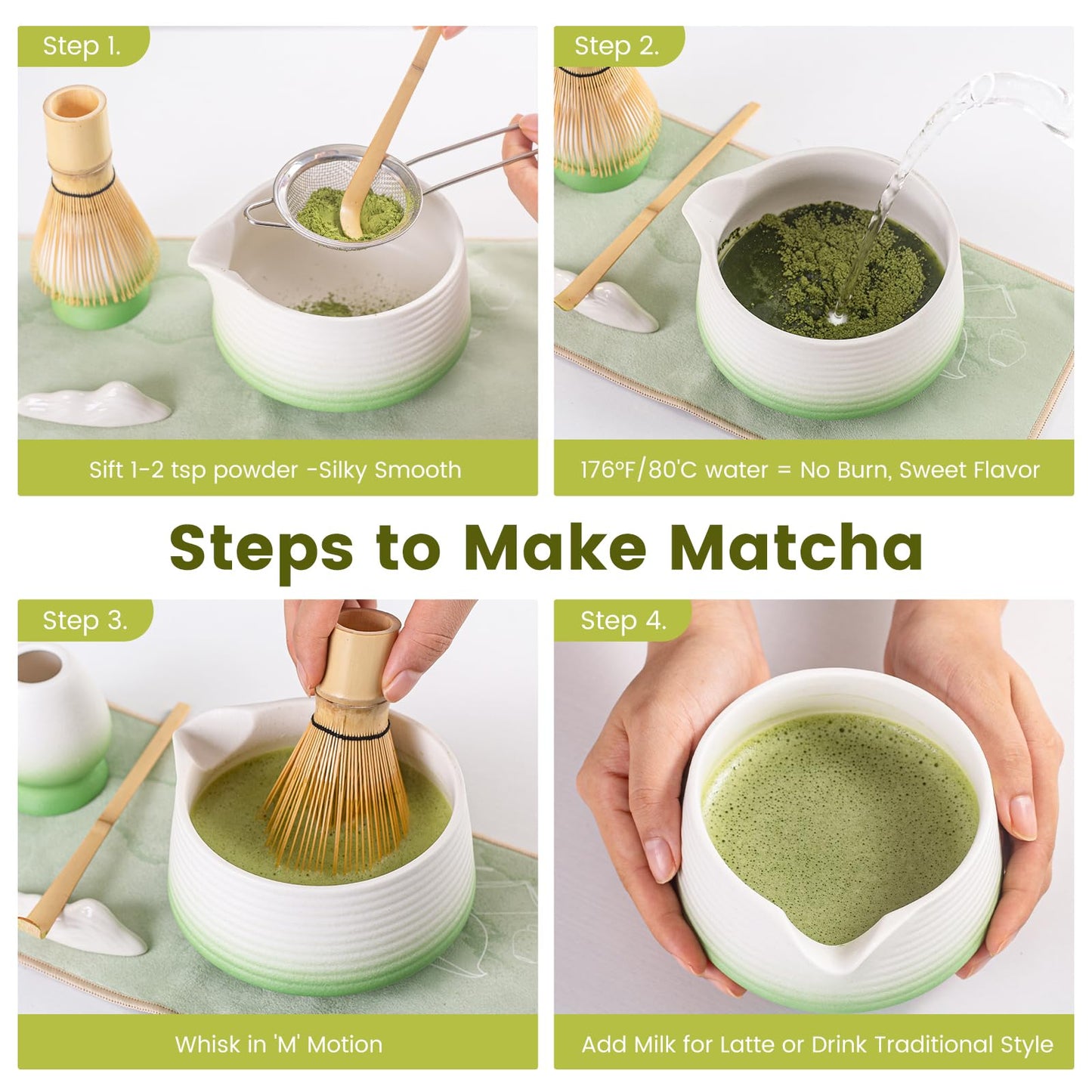 Nardo Visgo Matcha Whisk Set - 7PCS Japanese Tea Set Includes Matcha Bowl with Spout, Bamboo Whisk with Ceramic Holder, Bamboo Scoop, Scoop Stand, Sifter and Tea Towel, Matcha Making kit for Women Men
