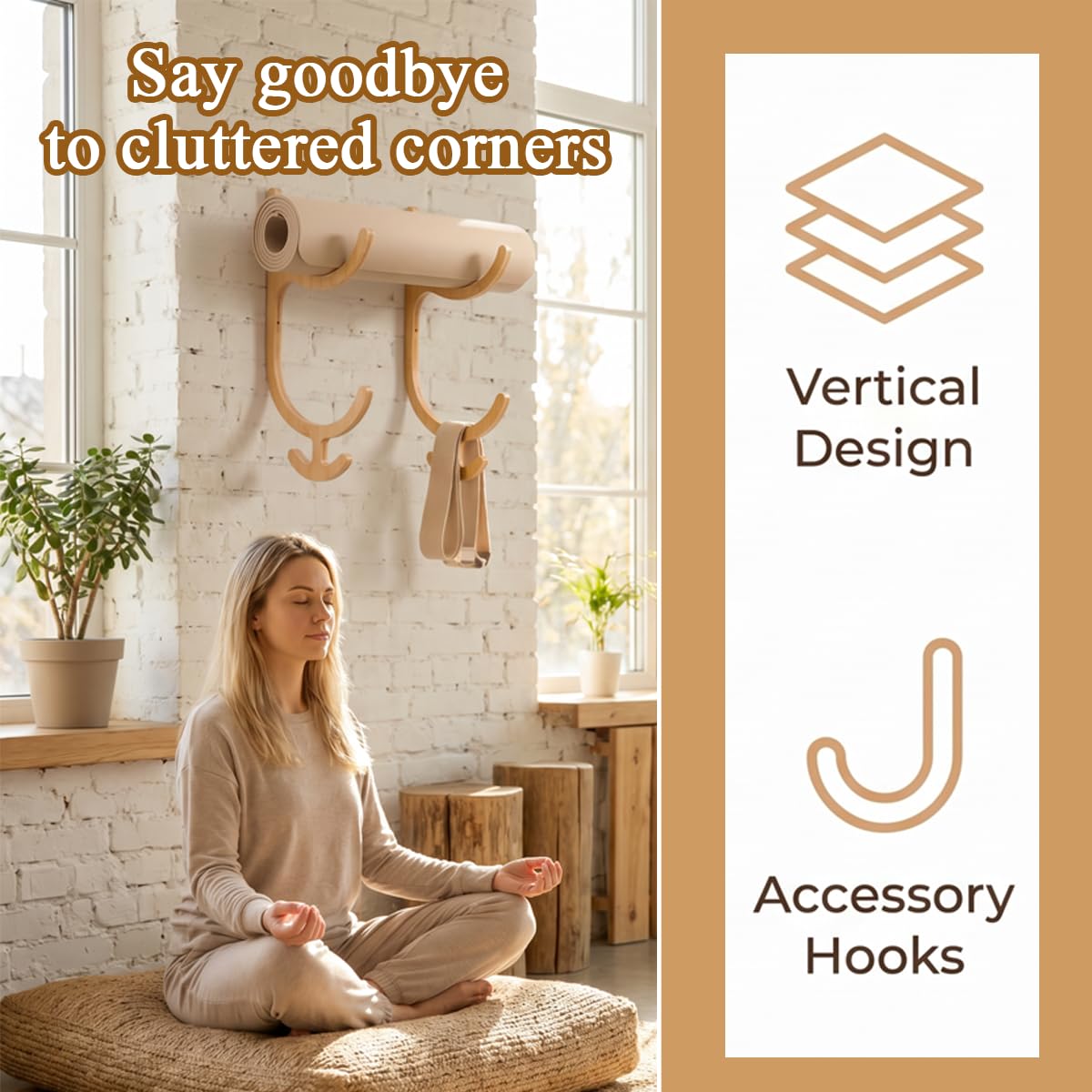 Cococheers Wooden Yoga Mat Holder Wall Mount with Hooks, Yoga Mat Rack for Mats, Resistance Bands, Jump Ropes, Space Saving Storage for Home Gym, Studio, Apartment, Wood Grain, 16.2x9.9 Inches
