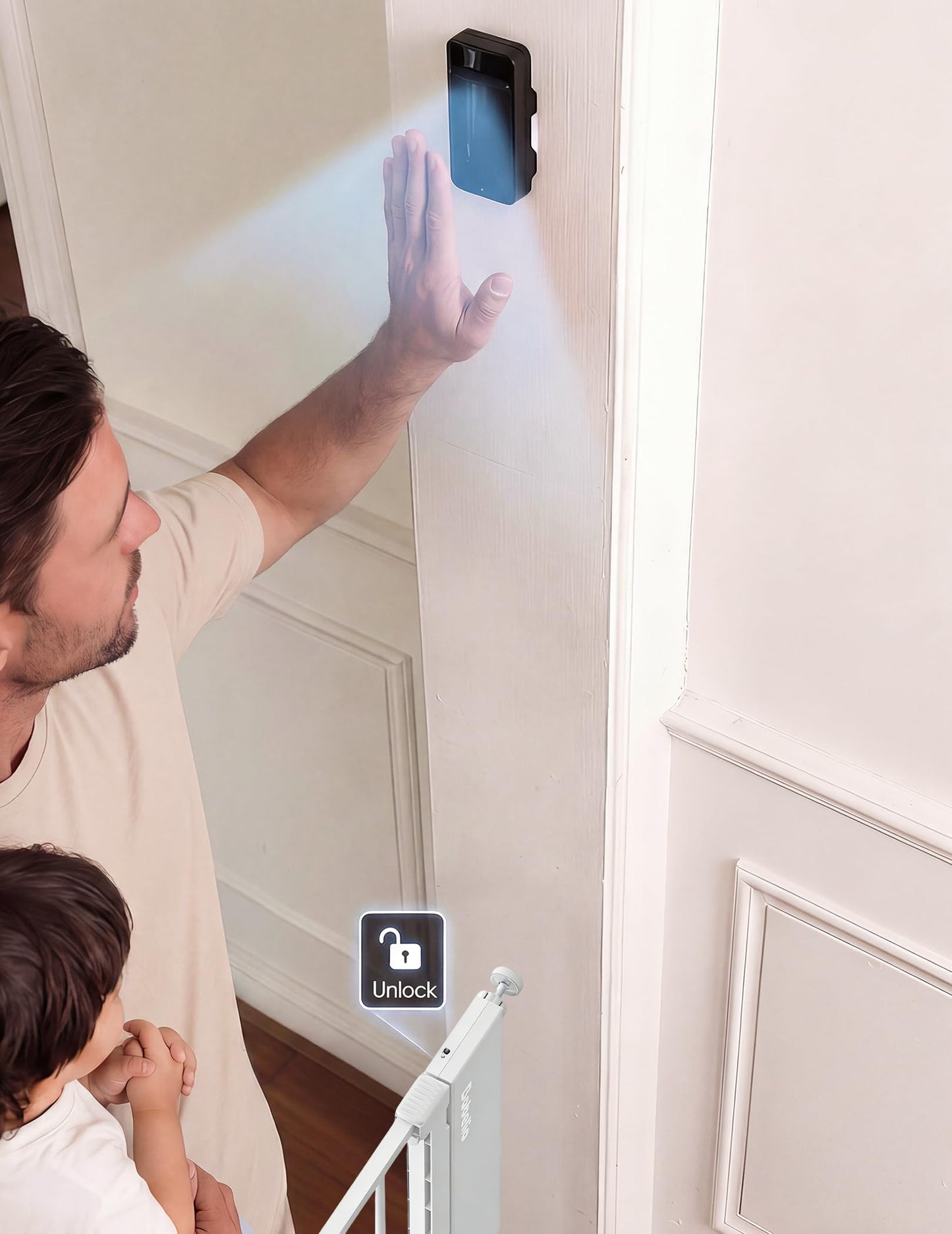 Babelio Smart Baby Gate with Auto-Unlock/Close, Pressure Mounted No Drill for Doorways/Top of Stairs. Pet/Dog Door Wide Walk Thru w/Infrared Sensor & Instant Safety Alert (White, 26.3-37.8" W, 30" H)