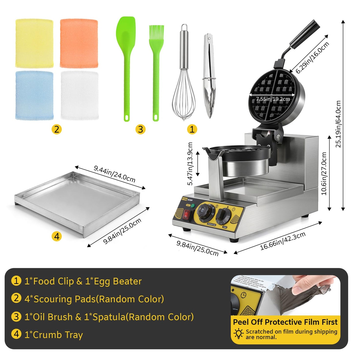 Dyna-Living Commercial Waffle Maker Belgian Waffle Iron for Restaurant, 1200W Flip Professional Waffle Maker Non-Stick Electric Restaurant Waffles Machine for Bakery Snack, 122℉-572℉ Temp Adjustable