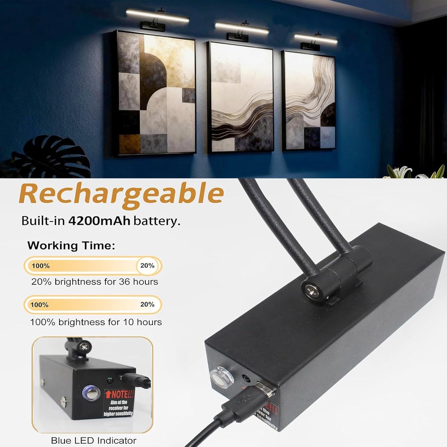 Yuichoy Picture Lights - 12 Inch Wireless Art Lighting with Remote | Dimmable Battery Operated, Black