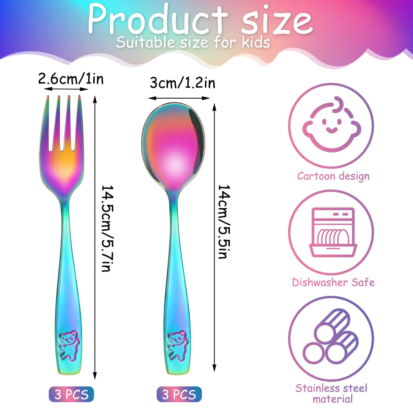 Pimoys 12 Pieces Toddler Utensils Kids Rainbow Silverware Set, Stainless Steel Childrens Safe Forks and Spoons, Metal Kids Cutlery Set, Dishwasher Safe