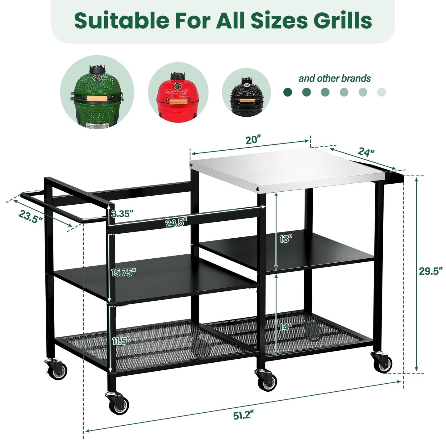TC-HOMENY Grill Table for Big Green Egg Stand, Metal Cooking Table Stand with Wheels, Heavy Duty Outdoor Movable Style BBQ Grill Cart, Grill Holder Compatible with Large Big Green Egg and Other Models