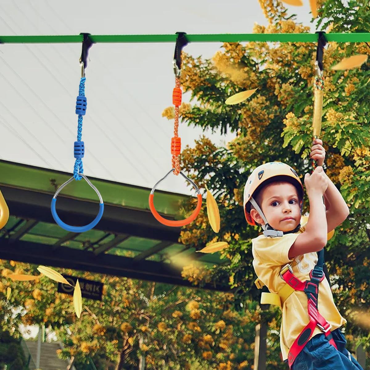 Ymeibe Ninja Rings Monkey Bars Swing Trapeze Bar Playground Swingset Rings Ninja Course for Kids Ninja Gymnastic Rings Backyard Ninjaline Obstacle Accessories (6 Color)