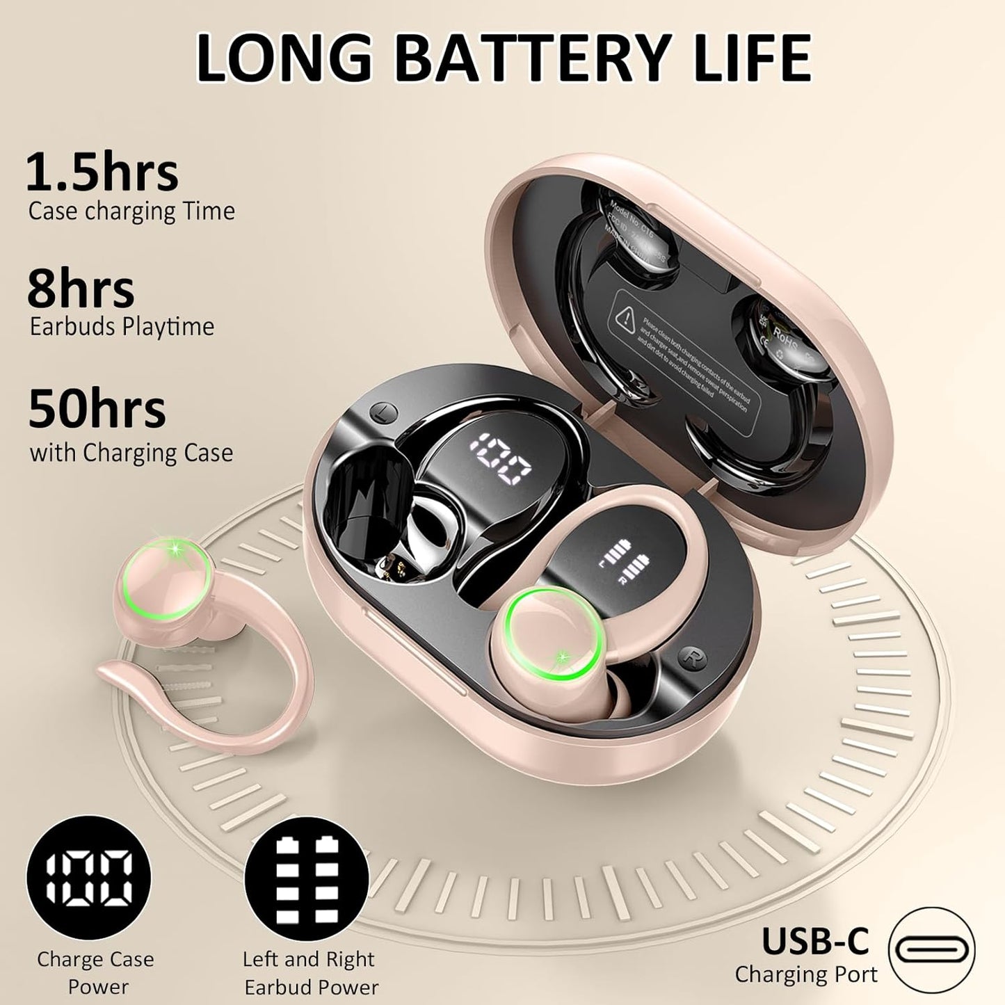5.4 50H IP7 Headset Wireless Earbuds, Bluetooth Headphones Sports, Playback Over-Ear buds with ENC Noise Cancelling