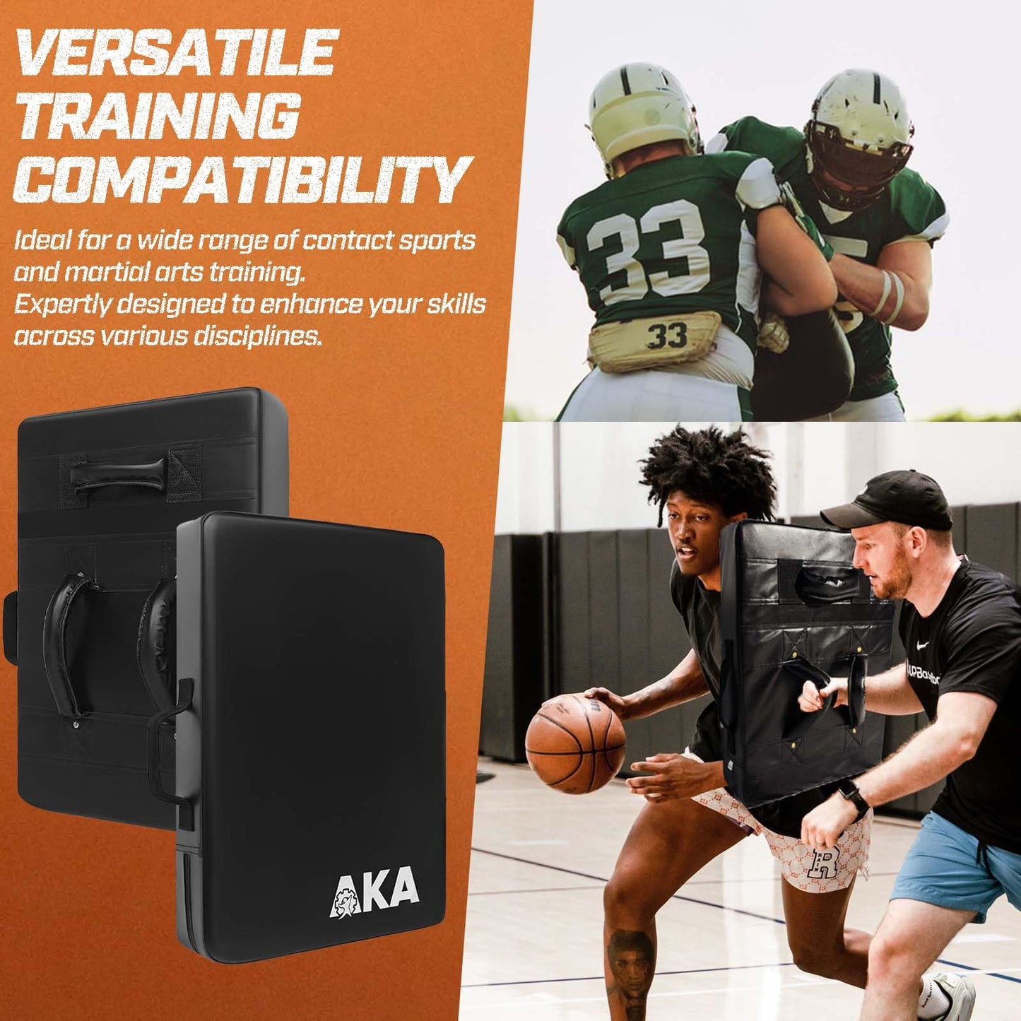 AKABIKE Blocking Shield Pad for Football Tackling, Basketball Defense & Martial Arts - 24"x16" Youth/Adult Training Pad with 5 Handles, PU Leather Kick Dummy