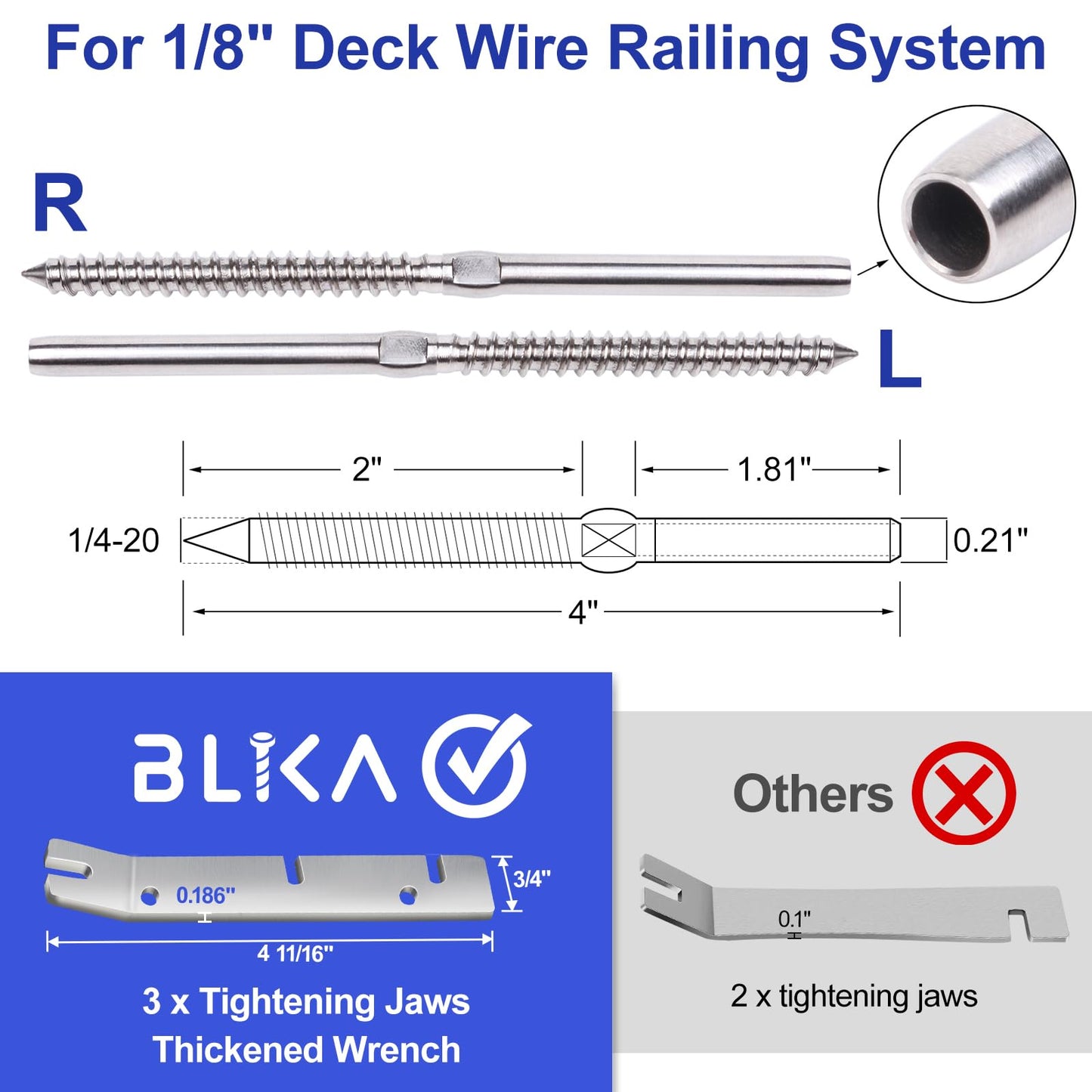 BLIKA 100 Pack T316 Stainless Steel Right&Left Handed Thread Swage Lag Screws for Wood Posts of 1/8" Deck Cable Railing Kit, Wire Railing Kit for Decks with Wrench, DIY Wood Baluster