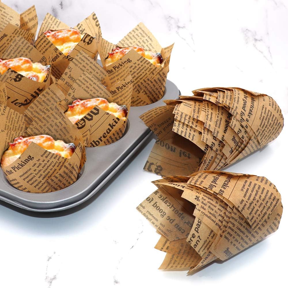 Skiennix Tulip Cupcake Liners - 150 Grease-Proof Baking Cups for Weddings & Parties | Standard Size, Natural Newspaper Print