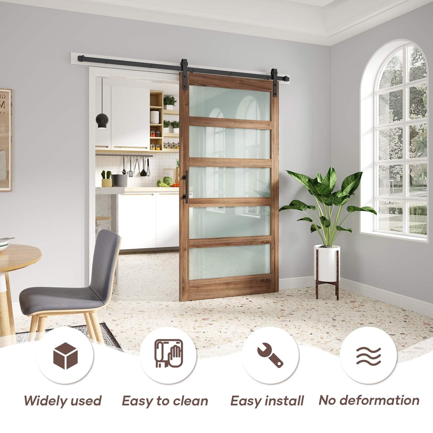 FREDBECK 42 x 84 inch Glass Barn Door with 7FT Barn Door Hardware Kit & Handle Included,5-Panel Frosted Glass,Wood Panel, Water-Proof Surface,Pre-Drilled Holes,Need Assembly