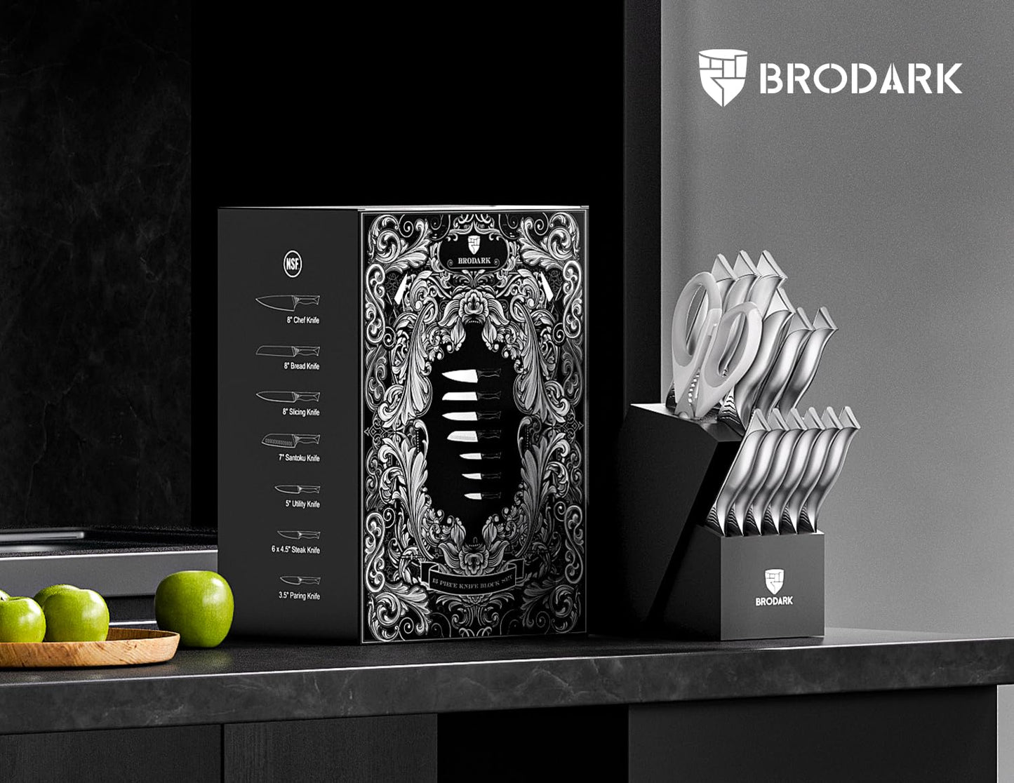 BRODARK Kitchen Knife Set with Block - 15-Piece Knife Block Set with Built-in Sharpener - High Carbon Stainless Steel Kitchen Knives Set for Kitchen - Christmas Gift, Shark Series, Mothers Day