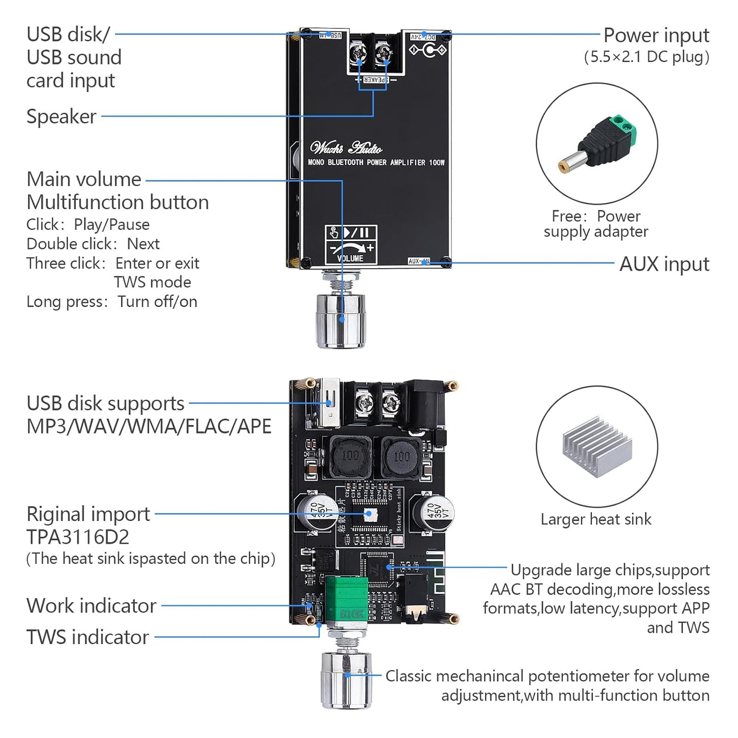 2Pack ZK-1001B 100W 7-24V Bluetooth Amplifier Board, Mono AMP TWS Mini Audio Power Amplifier Module with Box Matching
