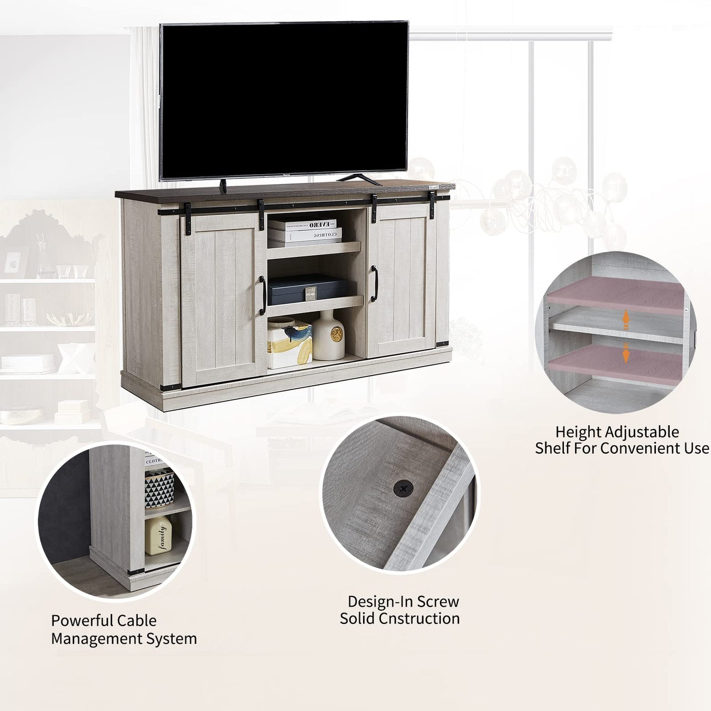 RICHSEAT Modern Farmhouse Wood TV Stand for TVs up to 65 Inch, Home Living Room Storage Table TV Stands Cabinet Doors and Shelves Entertainment Center, Stone Grey