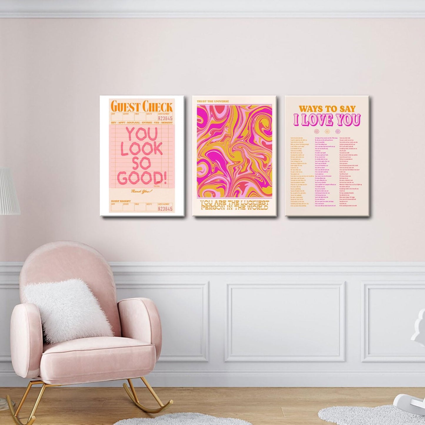 Pink Wall Decor - Canvas Art Set of 3 | Abstract Love Posters | Unique Framed Room Decor for Teens - 12x16''