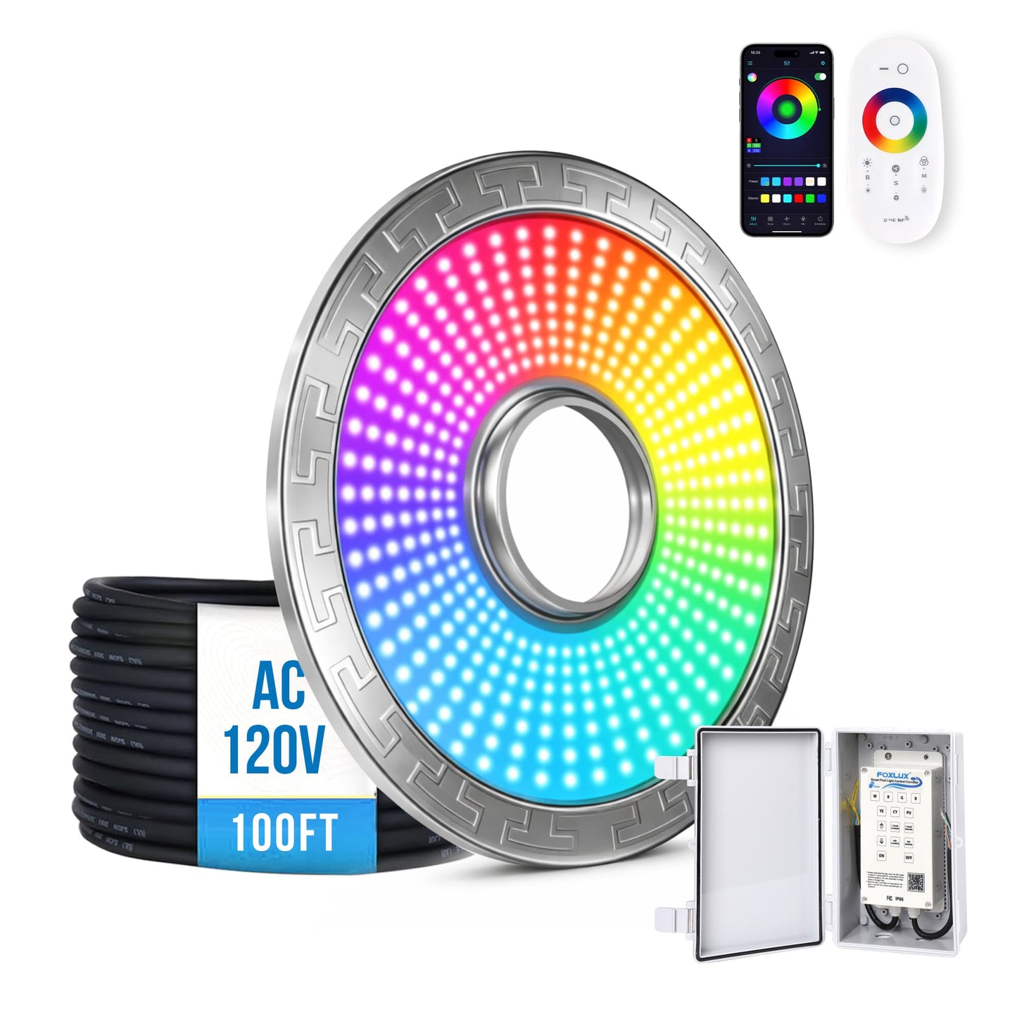 Pond Fountain Aerator Lights, RGB LED Color-Changing Aerator Floating Fountain Light, AC 120V, 100ft Cable with Controller, APP & Remote Control, Compatible with Most Pond Aerators (Pump Not Included)