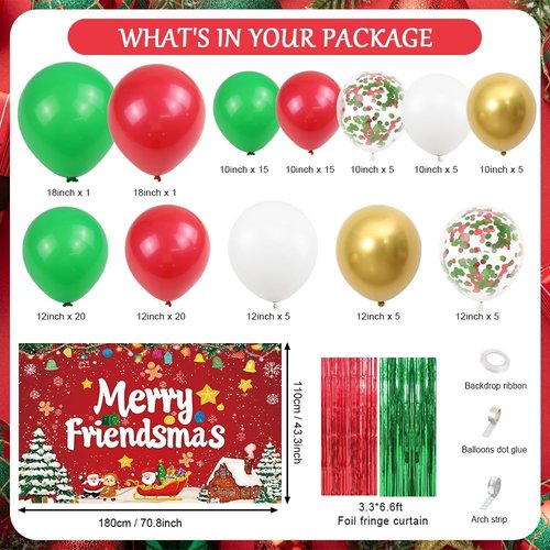 AIBIIN Christmas Balloon Arch Kit - 105pcs Friendsmas Party Decorations with Merry Friendsmas Banner & Foil Curtain