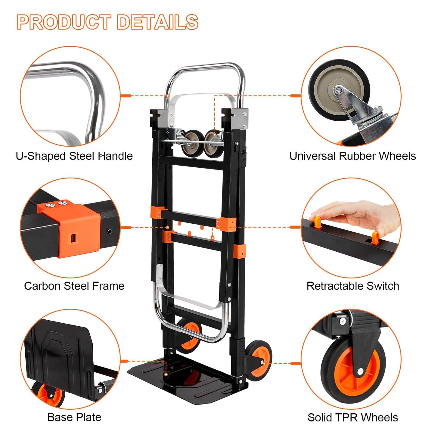 3-in-1 Aluminum Hand Truck Dolly, 660 lbs Heavy Duty Folding Trolley with Universal Wheels, Collapsible Platform Truck with Tie Down Straps for Warehouse, Supermarket, Office