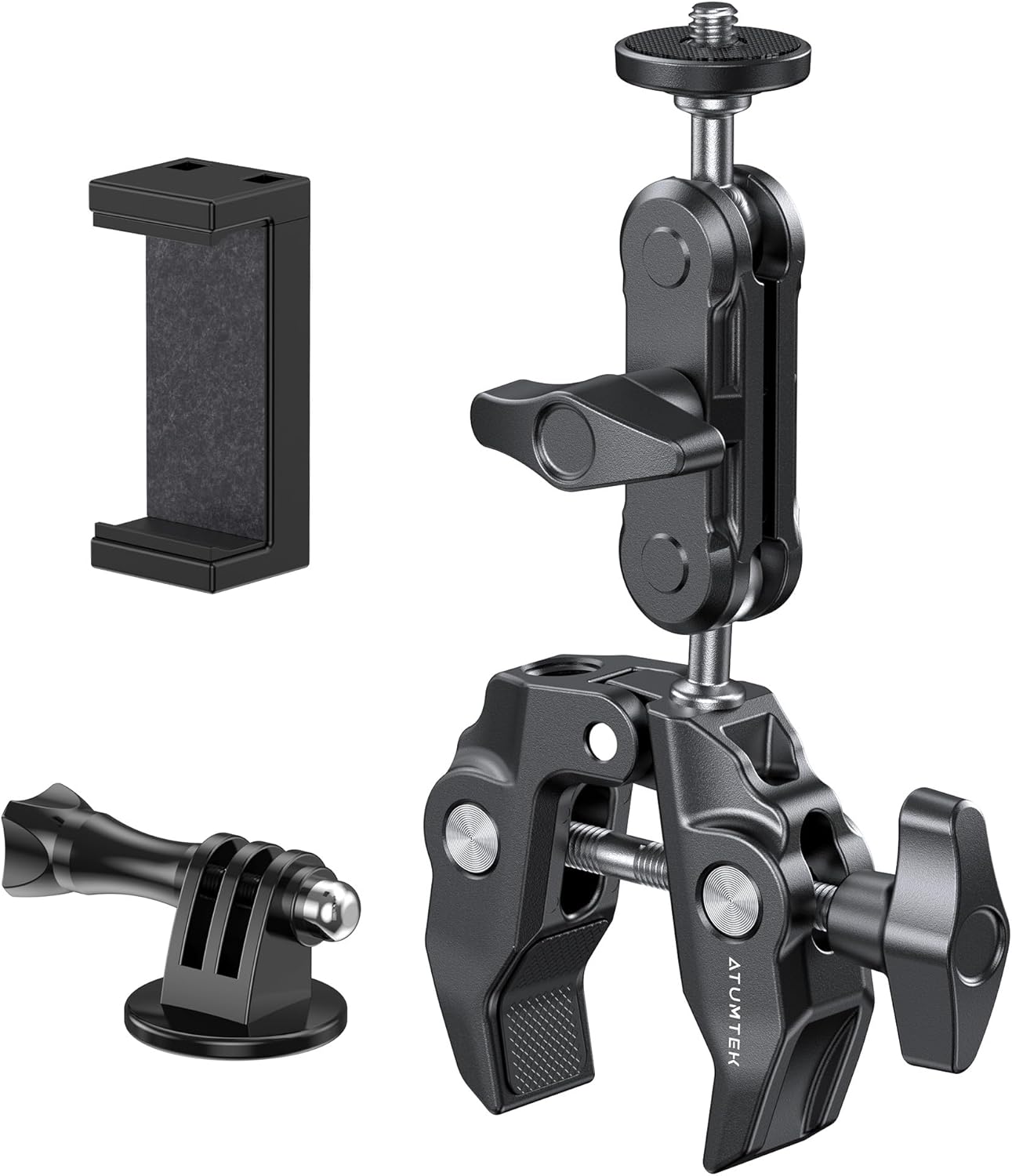 ATUMTEK 1/4" 3/8" 360 GoPro/Insta360/INSTAX/DJI Super Camera Clamp Mount with and Threads, Dual Ballhead Magic Arm Ball