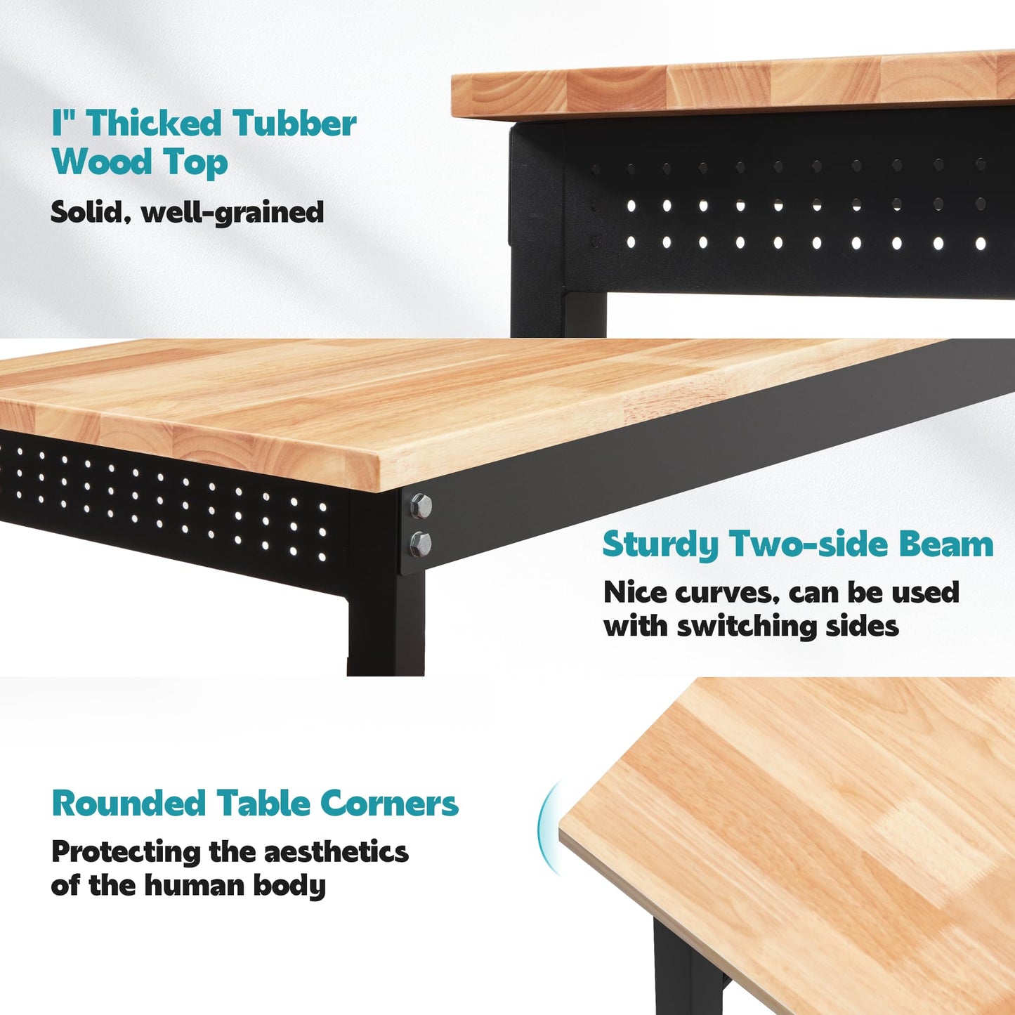 96'' Adjustable Workbench, 2500 LBS Load Capacity Heavy Duty Workstation with Power Outlets, Rubber Wood Top Worktable for Garage, Office,Workshop, Commercial