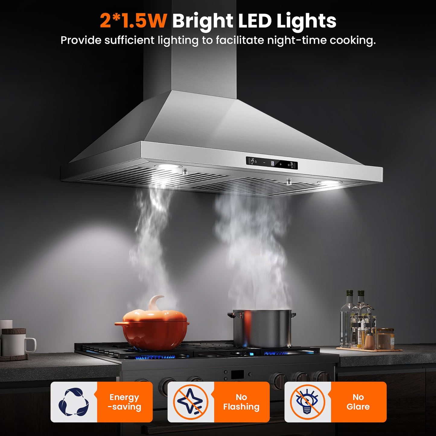 Wall Mount Range Hood 30 inch, 800 CFM Kitchen Hood Stainless Steel Stove Vent Hood with Gesture Sensing & Touch Control, Ducted/Ductless Convertible Duct, 3-Speed Fan, LED Lights, Baffle Filters