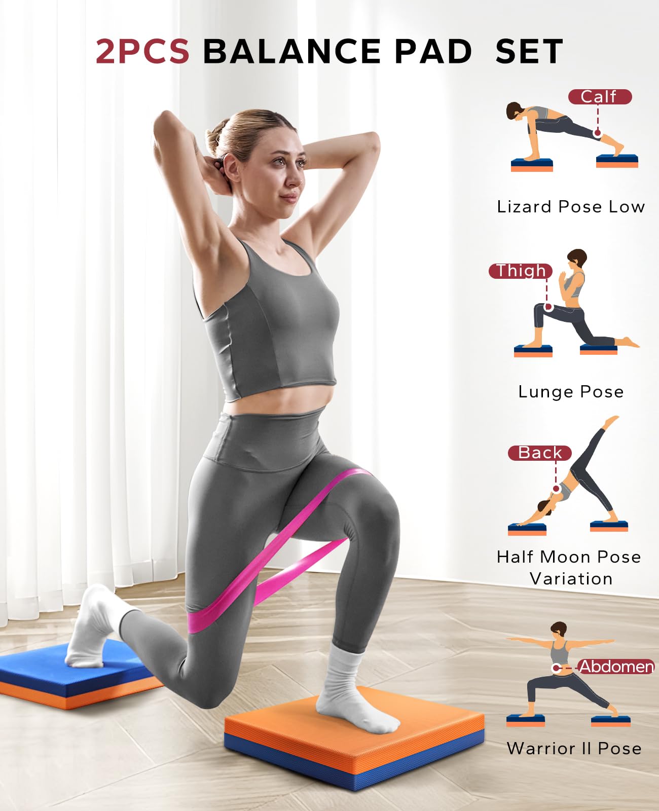 HAPBEAR Exercise Balance Pad 2-Pack - 15"x12" Non-Slip Stability Mats - 2.25" Thick Soft Foam for Adults, Physical Therapy & Core Training - Bonus Band Included - Blue