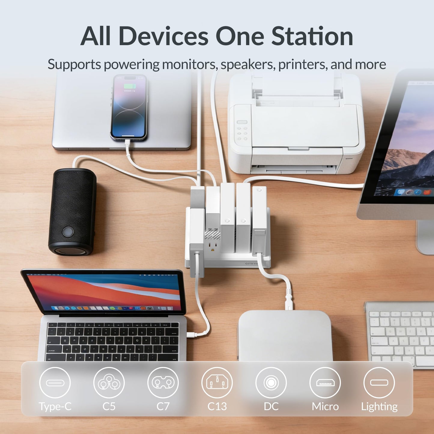 Gitryin Modular Laptop Charging Station, 140W, 3 * 40W Retractable USB C Chargers, 8 Type C Ports with Cooling Power Strip, 260W Charging Hub