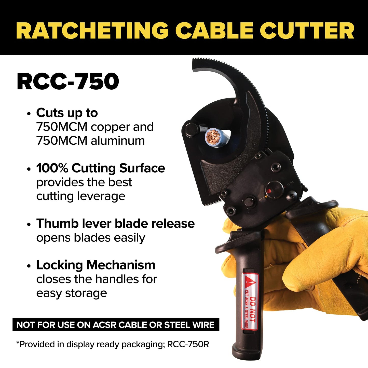 Jameson Ratcheting Cable Cutter | Heavy Duty Industrial Strength | Rated for 750MCM Copper and Aluminum Cables
