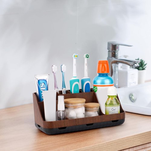 GFWARE Wooden Toothbrush Holder - 7 Slot Bathroom Organizer for Kids | Brown Countertop Caddy