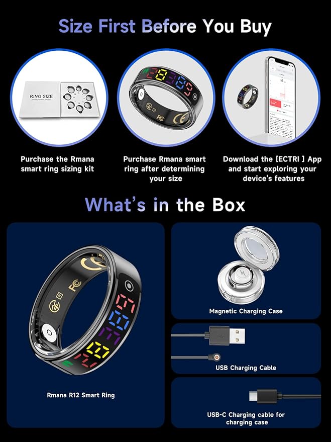 Smart Ring for Women Men, Health Ring with Colorful Display, Fitness Tracker with Heart Rate, Blood Oxygen, Sleep Monitor, No Subscription Fee, 5ATM Waterproof for iPhone & Android (Silver, 8)