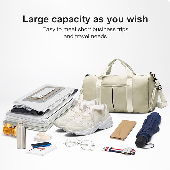 ZGWJ Sports Gym Bag with Wet Pocket & Shoes Compartment, Waterproof Shoulder Weekender Bag for Women and Men Swim Sports Travel Lightweight and easy Carry on Beige