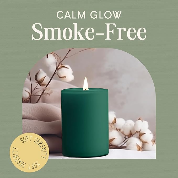 Mister Candle Dripless Unscented Pillar Candles, Set of 3 Hand Poured Solid Color Non-Scented Candles for Home Decor, Premium Wax, 60 Hr Burn Time - 3x4 Inch, Green