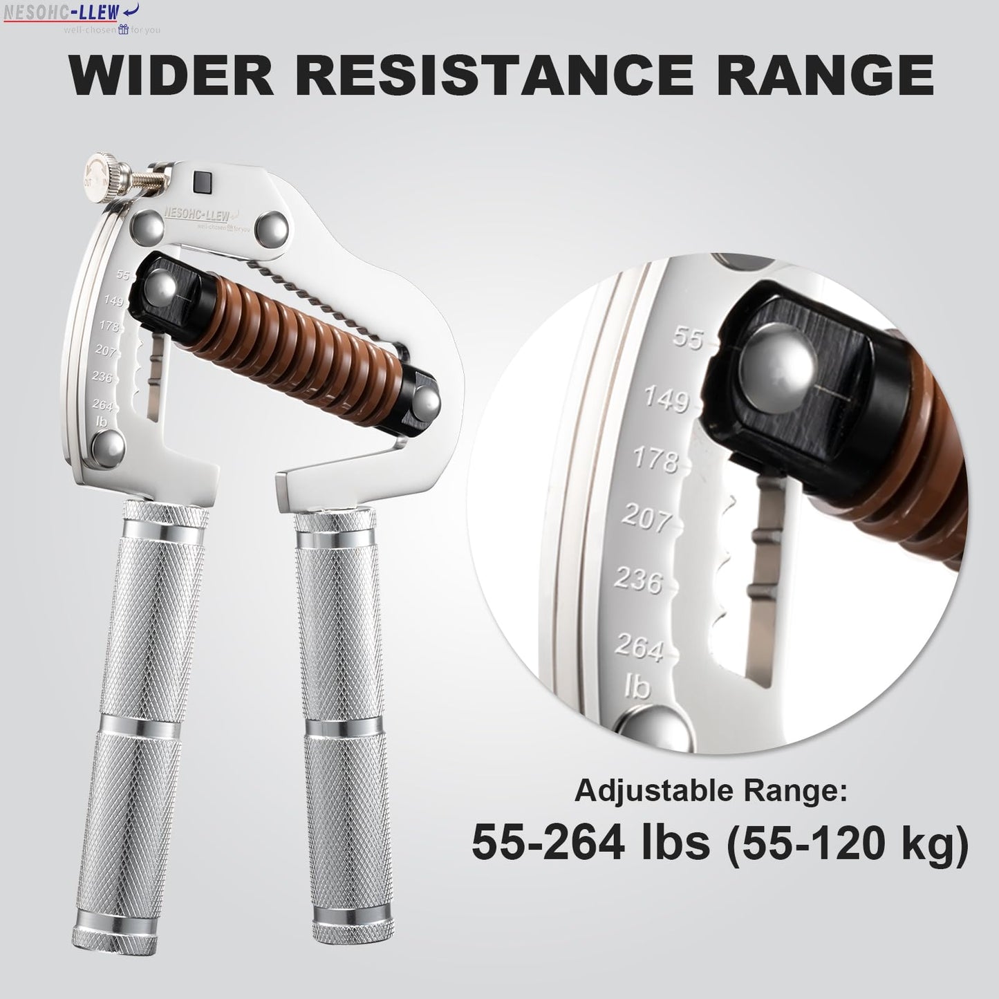 NESOHC-LLEW Adjustable Grip Strength Trainer: Premium 304 Stainless Steel Structure, Aerospace Grade Aluminum Alloy Handle, Grip Strength Adjustable Range 55-264 lbs