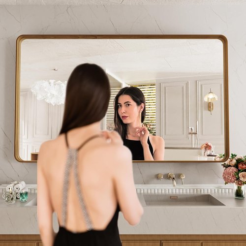 LOAAO Bathroom Mirror - 60X36 Inch Rounded Rectangle with Wood Grain Metal Frame | Anti-Rust, Versatile Hanging Options