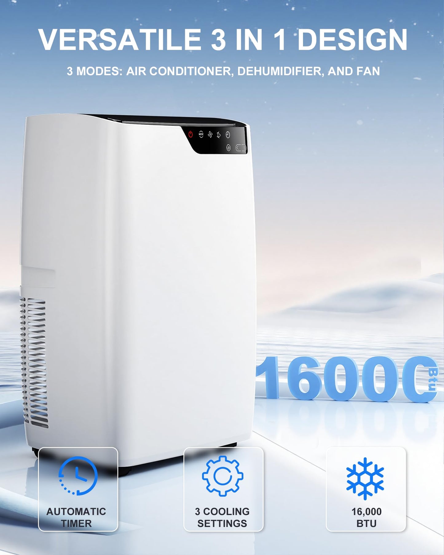 Portable Air Conditioners 16,000 BTU for Rooms Up To 800 Sq.Ft. Portable AC, Dehumidifier, 24H Timer, Sleep Mode & Water level indication, Remote Control & Window Kit, White & Black