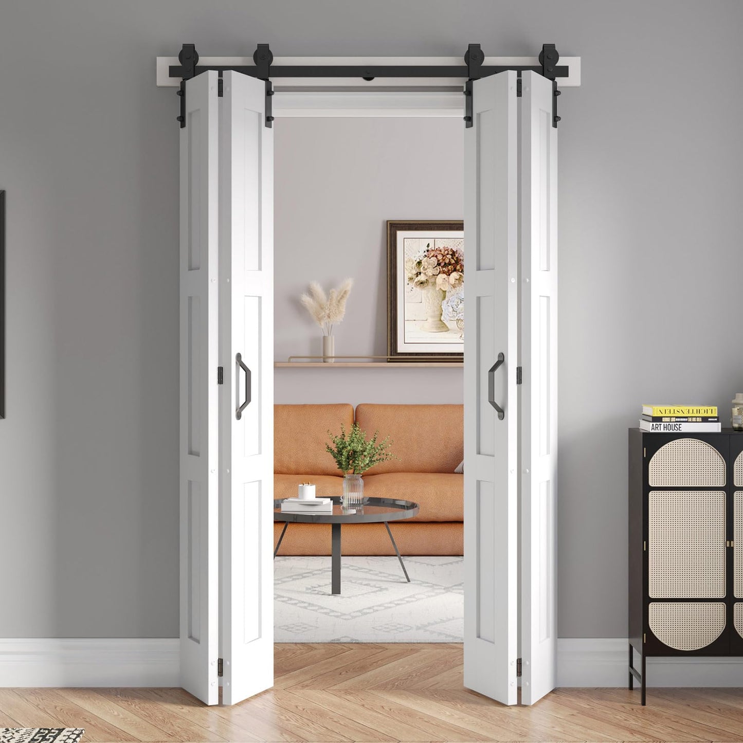 FREDBECK 48in X 84in (for 4 Doors 12x84) White Bi fold Barn Door Bifold Doors with 52" Hardware Track Kit Included,Solid MDF with Water-Proof PVC Surface for Closet,Assembly Required