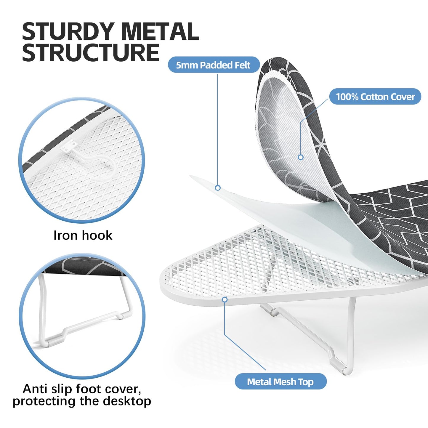 Small Ironing Board Tabletop with Heat Resistant Cover, Compact Mini Ironing Board with Metal mesh Frame,for Dorm,Apartment and Travel, Hook for Hanging, Iron Board 12x30, Iron Table Stand Dark Gray