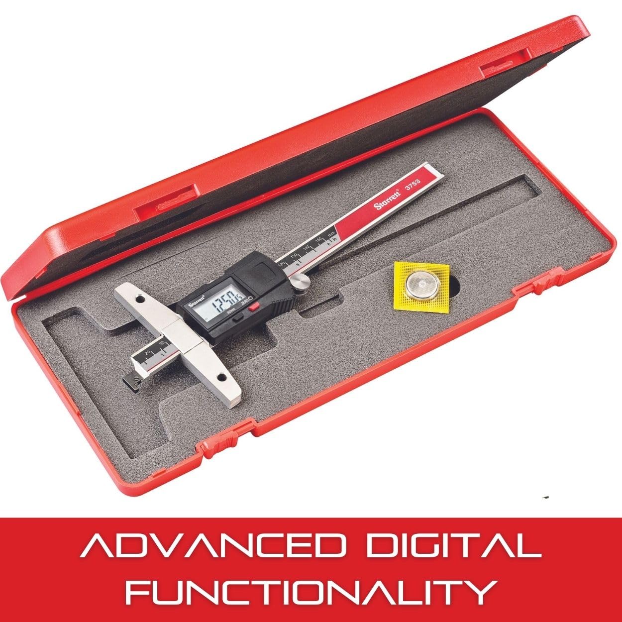 Starrett Electronic Depth Gage with Clear, Easily-Read Numbers, Fine Adjustment Thumb Roll and Removable Hook - 0-6" Range, .0005" Resolution - 3753A-6/150