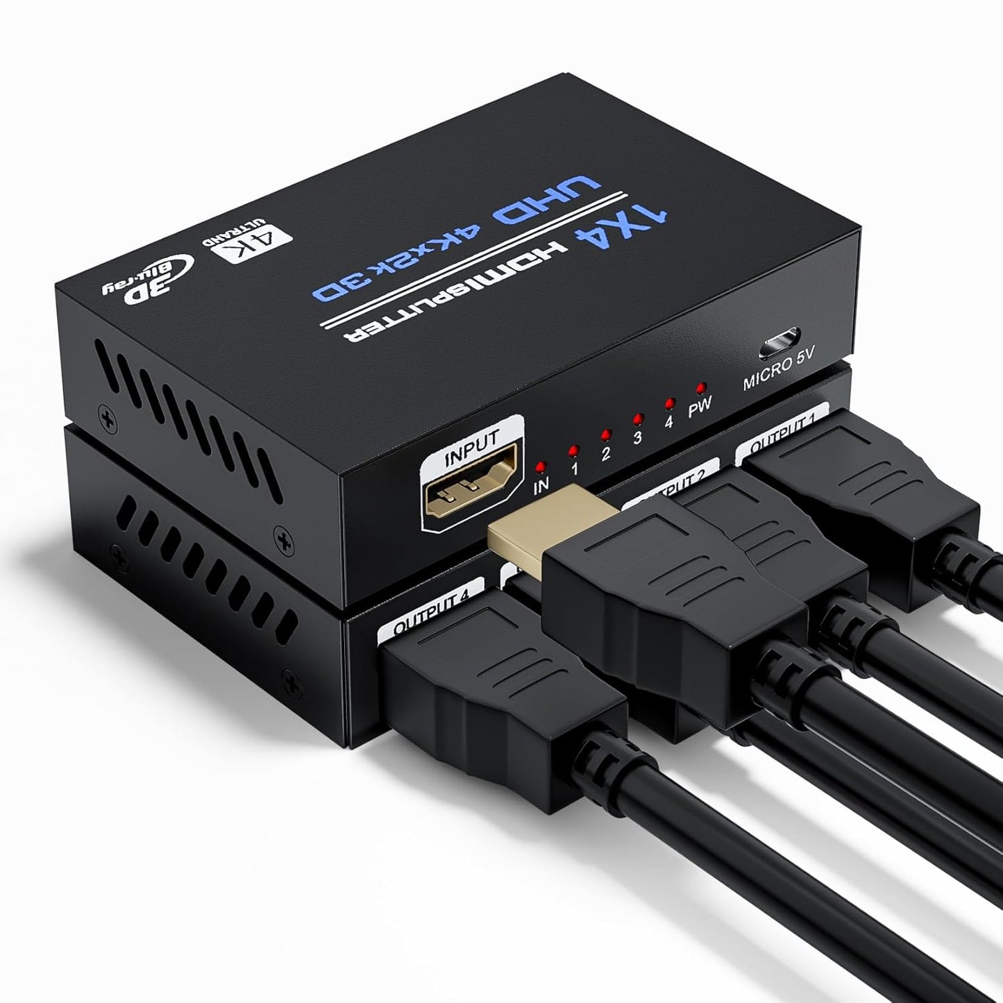BolAAzuL 4K 1X4 1 4 2ft 3D 1080P 1 4 HDMI Splitter in Out with HDMI Cable Mirror/Duplicate Only, Powered, for Copy