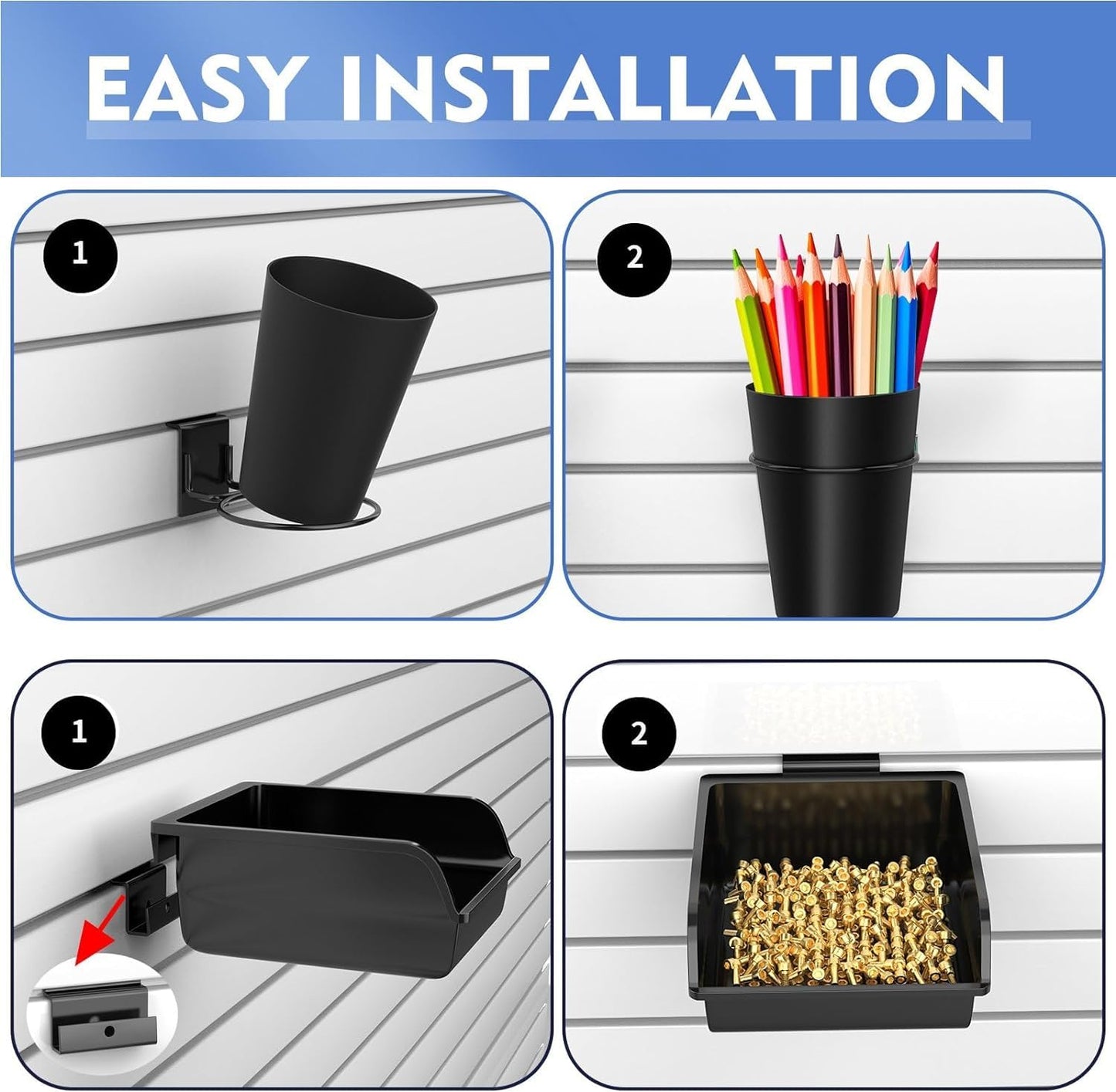 BeapTcely 43 Pc Slatwall Organizer Kit with Hooks, Shelves, Baskets, Bins, Cups, Screwdriver Holder for Tool Organization (Black)
