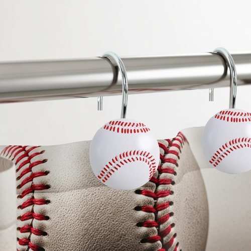 CTOHN 12PCS Baseball Shower Curtain Hooks, Sports Stainless Steel Decorative Shower Hangers Rings for Bathroom Decor