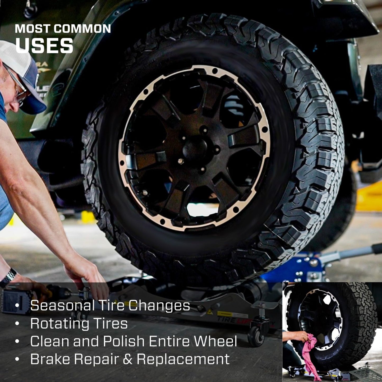 Tire Lift Caddy, Adjustable, Back-Saving Tire Dolly for DIY Enthusiasts, Auto & Tire Shops and Garages, No Assembly Required, 150lbs. Capacity