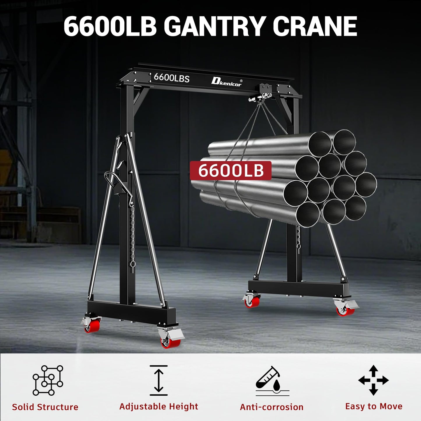 Dkenicor 3 Ton (Max.6600 LBS) Gantry Crane, Adjustable Height 8.53-12.47ft, Heavy-Duty Steel I-Beam Portable Hoist for Factories, Warehouses, Auto Repair, Construction, Black