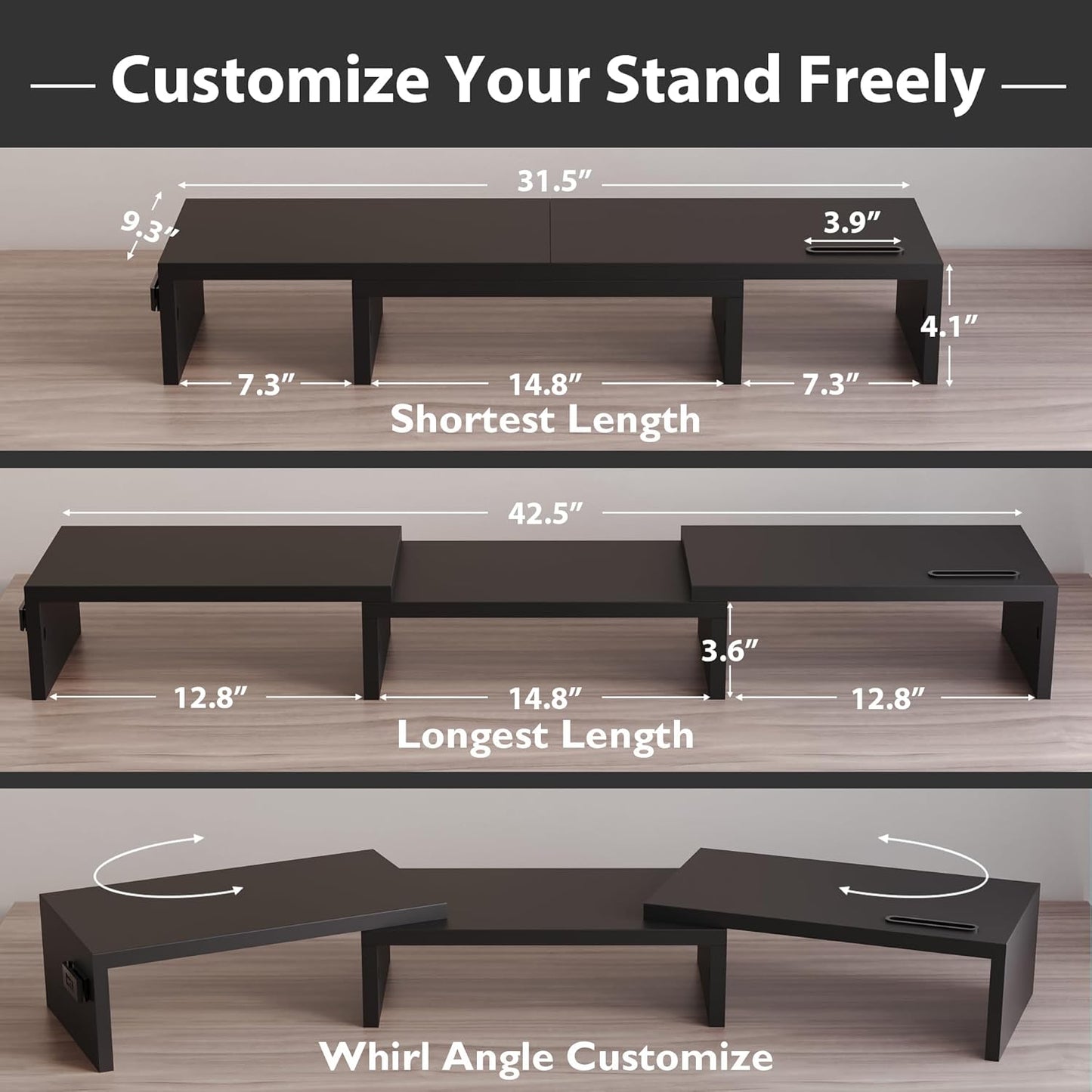 BONTEC Dual Monitor Stand Riser with Smartphone Holder, Adjustable Length & Swivel Angle, Ergonomic Wooden Desktop
