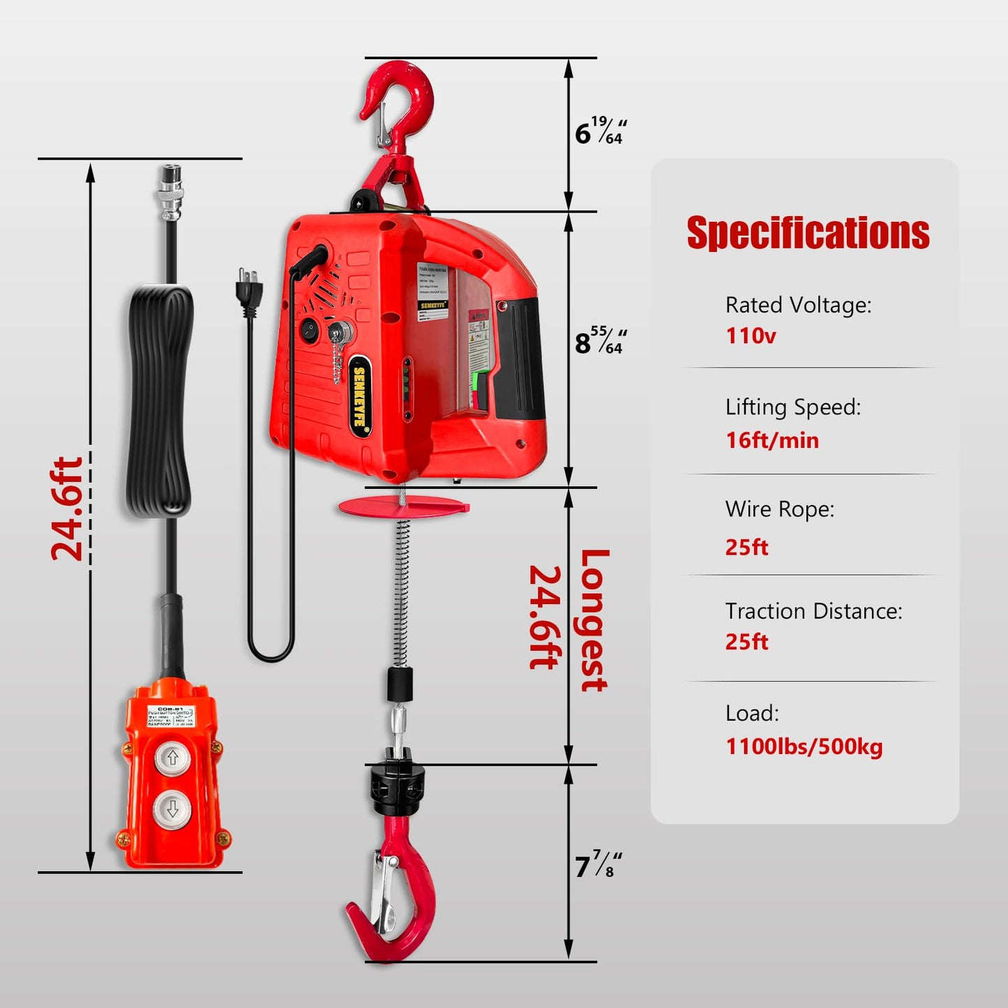 SENKEYFE Power Electric Portable Hoist Winch 1100LBS, 3 in 1 Electric Cable Hoist 110V 25 FT with Lifting Strap, Electric Hoist Lift Ceiling Winch for Lifting Towing(Red)