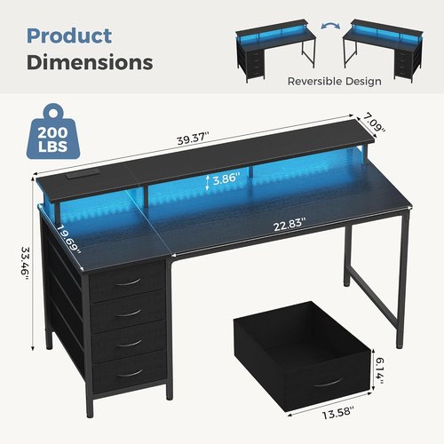 DUMOS 40-Inch Computer Desk - 4 Drawer Gaming Desk with Power Outlets & LED Lights | Black