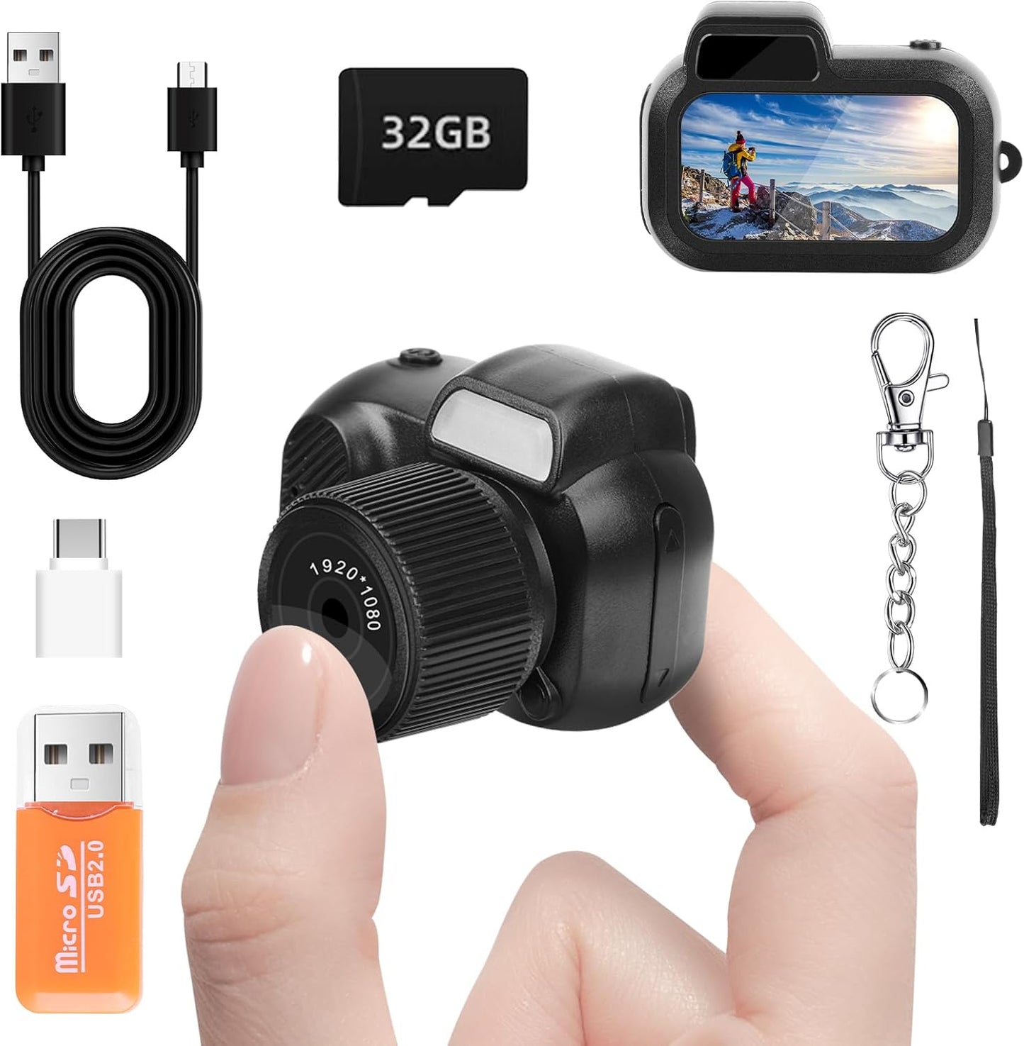 Mhaohuofu 1080p 8MP 32GB 8 0.96" 100 Mini Keychain Camera, FHD Cute Mini Digital Camera with SD Card, Creative Filters