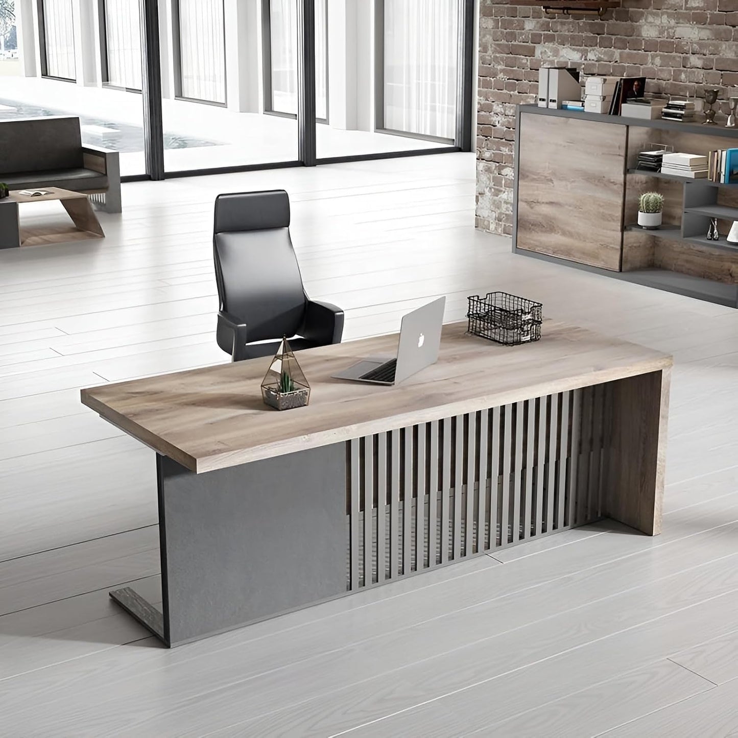 63 Inch Modern Executive Office Desk, Computer Writing Desk for Home Office, Business Furniture Workstation Stainless Steels Sturdy Frame 1.97IN Thick Desktop(Left, 63×31.5×30 in)